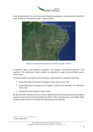 RELATÓRIO 2 - ESTUDOS DE ENGENHARIA E AFINS
AEROPORTO INTERNACIONAL PINTO MARTINS - FORTALEZA - CE
8
sendo responsável por cerca de 3% da movimentação de passageiros nos aeroportos do Brasil (12º
maior do Brasil e 3º do Nordeste, ANAC – dados de 2013).
Figura 3: Localização do Aeroporto Pinto Martins na região nordeste2
O aeroporto registra voos domésticos regulares e não regulares, internacionais regulares e não
regulares e de aviação geral. Opera também no segmento de cargas tanto domésticas quanto
internacionais.
Atualmente atuam 10 companhias aéreas nacionais e internacionais no aeroporto, sendo elas:
• Companhias Aéreas Brasileiras de Passageiros: Azul, Avianca, Gol e Tam;
• Companhias Aéreas Estrangeiras de Passageiros: Condor, G.S.A. Meridiana / Air Italy-Brasil,
TACV e TAP;
• Companhias Aéreas Cargueiras: Absa e Total.
Na última década o Aeroporto teve um aumento significativo de movimentação tanto de passageiros
quanto de carga (aumento de aproximadamente 350% e 160%, respectivamente, entre 2003 e 2014).
A tabela a seguir apresenta a evolução das movimentações nesse período.
2
Fonte: Google Earth
 