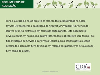 DOCUMENTOS DE
AQUISIÇÃO



  Para o sucesso do nosso projeto os fornecedores cadastrados na nossa
  Vendor List receberão a solicitação da Request for Proposal (RFP) enviada
  através de meio eletrônico em forma de carta convite. Este documento
  deverá chegar em no mínimo quatro fornecedores. O contrato será formal, do
  tipo Prestação de Serviço e com Preço Global, pois o projeto possui escopo
  detalhado e cláusulas bem definidas em relação aos parâmetros de qualidade
  bem como de prazos.




                                  Classified - Internal use
 