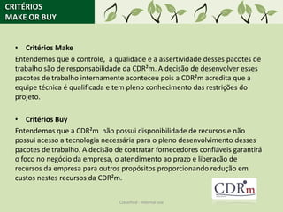 CRITÉRIOS
MAKE OR BUY


  • Critérios Make
  Entendemos que o controle, a qualidade e a assertividade desses pacotes de
  trabalho são de responsabilidade da CDR²m. A decisão de desenvolver esses
  pacotes de trabalho internamente aconteceu pois a CDR²m acredita que a
  equipe técnica é qualificada e tem pleno conhecimento das restrições do
  projeto.

  • Critérios Buy
  Entendemos que a CDR²m não possui disponibilidade de recursos e não
  possui acesso a tecnologia necessária para o pleno desenvolvimento desses
  pacotes de trabalho. A decisão de contratar fornecedores confiáveis garantirá
  o foco no negócio da empresa, o atendimento ao prazo e liberação de
  recursos da empresa para outros propósitos proporcionando redução em
  custos nestes recursos da CDR²m.

                                  Classified - Internal use
 