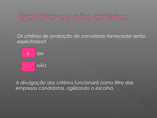    Os critérios de avaliação do convidado fornecedor serão
    explicitados?

         X   SIM

             NÃO



    A divulgação dos critérios funcionará como filtro das
    empresas candidatas, agilizando a escolha.
 