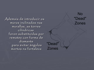 Ademais de introducir os
  muros inclinados nas
    murallas, as torres
       cilíndricas
 foron substituídas por
  remates con forma de
        diamante
   para evitar ángulos
   mortos na fortaleza
 