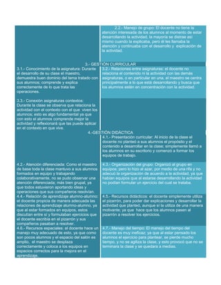2.2.- Manejo de grupo: El docente no tiene la
atención interesada de los alumnos al momento de estar
desarrollando la actividad, la mayoría se distrae así
mismo cuando la explicaba, pero él les llamaba la
atención y continuaba con el desarrollo y explicación de
la actividad.

3.- GESTIÓN CURRICULAR
3.1.- Conocimiento de la asignatura: Durante
3.2.- Relaciones entre asignaturas: el docente no
el desarrollo de su clase el maestro,
relaciona el contenido ni la actividad con las demás
demuestra buen dominio del tema tratado con asignaturas, o en particular en una, el maestro se centra
sus alumnos; comprende y explica
principalmente a lo que está desarrollando y busca que
correctamente de lo que trata las
los alumnos estén en concentración con la actividad.
operaciones.
3.3.- Conexión asignaturas contextos:
Durante la clase se observa que relaciona la
actividad con el contexto con el que viven los
alumnos; esto es algo fundamental ya que
con esto el alumnos comprende mejor la
actividad y reflexionará que las puede aplicar
en el contexto en que vive.
4.-GESTIÓN DIDÁCTICA
4.1.- Presentación curricular: Al inicio de la clase el
docente no planteó a sus alumnos el propósito y el
contenido a desarrollar en la clase; simplemente llamó a
los alumnos en su escritorio y comenzó a formar los
equipos de trabajo.
4.2.- Atención diferenciada: Como el maestro
de base toda la clase mantuvo a sus alumnos
formados en equipo y trabajando
colaborativamente, no se pudo observar una
atención diferenciada; más bien grupal, ya
que todos estuvieron aportando ideas y
operaciones que sus compañeros resolvían.
4.4.- Relación de aprendizaje alumno-alumno:
el docente propicia de manera adecuada las
relaciones de aprendizaje alumno-alumno, ya
que al estar formados en equipos, estos
discutían entre sí y formulaban ejercicios que
el docente escribía en el pizarrón y sus
compañeros pasaban a resolver.
4.6.- Recursos espaciales: el docente hace un
manejo muy adecuado de esto, ya que como
son pocos alumnos y el espacio del salón es
amplio, el maestro se desplaza
correctamente y coloca a los equipos en
espacios correctos para la mejora en el
aprendizaje.

4.3.- Organización del grupo: Organizó al grupo en
equipos; pero lo hizo al azar, por medio de una rifa y no
adecuó la organización de acuerdo a la actividad, ya que
habían equipos que al estarse desarrollando la actividad
no podían formular un ejercicio del cual se trataba.

4.5.- Recursos didácticos: el docente simplemente utiliza
el pizarrón, para poder dar explicaciones y desarrollar la
actividad que planteó, aunque sí la utiliza de una manera
motivante; ya que hace que los alumnos pasen al
pizarrón a resolver los ejercicios.

4.7.- Manejo del tiempo: El manejo del tiempo del
docente es muy ineficaz; ya que al estar pensado los
alumnos el ejercicio para plantear, se pierde mucho
tiempo, y no se agiliza la clase, y esto provocó que no se
terminara la clase y se quedara a medias.

 
