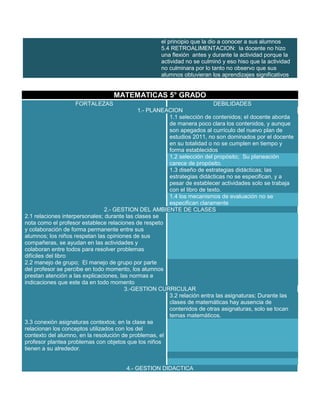 el principio que la dio a conocer a sus alumnos
5.4 RETROALIMENTACION: la docente no hizo
una flexión antes y durante la actividad porque la
actividad no se culminó y eso hiso que la actividad
no culminara por lo tanto no observo que sus
alumnos obtuvieran los aprendizajes significativos

MATEMATICAS 5° GRADO
FORTALEZAS

DEBILIDADES
1.- PLANEACION
1.1 selección de contenidos; el docente aborda
de manera poco clara los contenidos, y aunque
son apegados al currículo del nuevo plan de
estudios 2011, no son dominados por el docente
en su totalidad o no se cumplen en tiempo y
forma establecidos
1.2 selección del propósito; Su planeación
carece de propósito.
1.3 diseño de estrategias didácticas; las
estrategias didácticas no se especifican, y a
pesar de establecer actividades solo se trabaja
con el libro de texto.
1.4 los mecanismos de evaluación no se
especifican claramente
2.- GESTION DEL AMBIENTE DE CLASES
2.1 relaciones interpersonales; durante las clases se
nota como el profesor establece relaciones de respeto
y colaboración de forma permanente entre sus
alumnos; los niños respetan las opiniones de sus
compañeras, se ayudan en las actividades y
colaboran entre todos para resolver problemas
difíciles del libro
2.2 manejo de grupo; El manejo de grupo por parte
del profesor se percibe en todo momento, los alumnos
prestan atención a las explicaciones, las normas e
indicaciones que este da en todo momento
3.-GESTION CURRICULAR
3.2 relación entra las asignaturas; Durante las
clases de matemáticas hay ausencia de
contenidos de otras asignaturas, solo se tocan
temas matemáticos.
3.3 conexión asignaturas contextos; en la clase se
relacionan los conceptos utilizados con los del
contexto del alumno, en la resolución de problemas, el
profesor plantea problemas con objetos que los niños
tienen a su alrededor.

4.- GESTION DIDACTICA

 