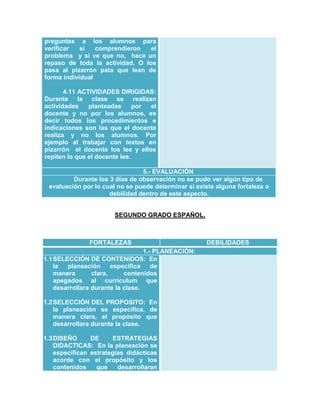 preguntas a los alumnos para
verificar
si
comprendieron
el
problema y si ve que no, hace un
repaso de toda la actividad. O los
pasa al pizarrón pata que lean de
forma individual
4.11 ACTIVIDADES DIRIGIDAS:
Durante la clase se realizan
actividades
planteadas
por
el
docente y no por los alumnos, es
decir todos los procedimientos e
indicaciones son las que el docente
realiza y no los alumnos. Por
ejemplo al trabajar con textos en
pizarrón el docente los lee y ellos
repiten lo que el docente lee.
5.- EVALUACIÓN
Durante los 3 días de observación no se pudo ver algún tipo de
evaluación por lo cual no se puede determinar si existe alguna fortaleza o
debilidad dentro de este aspecto.
SEGUNDO GRADO ESPAÑOL.

FORTALEZAS
1.- PLANEACIÓN:
1.1 SELECCIÓN DE CONTENIDOS: En
la
planeación
especifica
de
manera
clara,
contenidos
apegados al currículum que
desarrollara durante la clase.
1.2 SELECCIÓN DEL PROPOSITO: En
la planeación se especifica, de
manera clara, el propósito que
desarrollara durante la clase.
1.3 DISEÑO
DE
ESTRATEGIAS
DIDACTICAS: En la planeación se
especifican estrategias didácticas
acorde con el propósito y los
contenidos
que
desarrollaran

DEBILIDADES

 