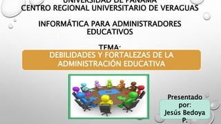 UNIVERSIDAD DE PANAMÁ
CENTRO REGIONAL UNIVERSITARIO DE VERAGUAS
INFORMÁTICA PARA ADMINISTRADORES
EDUCATIVOS
TEMA:
DEBILIDADES Y FORTALEZAS DE LA
ADMINISTRACIÓN EDUCATIVA
Presentado
por:
Jesús Bedoya
P.
 