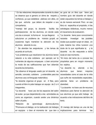 * En las relaciones interpersonales durante la clase se guía de un libro que

tiene por

se observa que si genera un clima de respeto y nombre guía del docente en donde
confianza, ya que establece platicas con ellos, en están expuestos los temas a trabajar y
las que

exhorta

que deben de respetar a sus es de manera semanal. Pero en ese

compañeros.

libro no especifica el propósito, ni las

*manejo del grupo, la docente
participaciones

facilita las estrategias didácticas, mucho menos

de los alumnos, en donde cada el mecanismo de evaluación.

uno da a conocer la forma en la que llegaron
solucionar un problema de

a *La docente tiene poco conocimiento

manera grupal, en necesita

investigar

las posibles

ocasiones logra mantener la atención de los dudas que puedan surgir en clase, en
alumnos alzando la voz.
*

esta materia los niños tuvieron una

Se abordan las asignaturas

y los temas de duda de lo que significaba kj

acuerdo al currículo.

docente

y la

no dio respuesta a dicha

*Los problemas que resolvieron los alumnos tienen duda en ese momento.
relación a la vida cotidiana

por ejemplo ver lo *Al inicio del tema da a conocer los

nutrientes de algunos empaques o bien encontrar propósitos pero en ningún momento
la moda de las calificaciones que han obtenido los explica.
durante los bimestres.

*La docente no

*Se observa el lenguaje usado por el docente es alumnos
sencillo, concreto, cotidiano

que

atiende
tienen

a los
mayores

y entendible para los necesidades como el caso de la niña

alumnos usa a el lenguaje matemático.
*la docente organiza el grupo

en

que sufre de necesidades especiales,

4 filas, pero además

tiene

un

problema

de

cuando el libro lo pide trabajan en equipo de 2 o 4 obesidad.
integrantes.

* La docente no hace uso de recursos

*La docente

hace uso de los espacios del salón didácticos para llamar la atención de

de aulas ya que dependiendo a las actividades es sus alumnos ya que solo trabaja de
como se organizan, cuando existe una dinámica acuerdo a las indicaciones del libro de
salen al patio.
*Relación

texto,

de

aprendizaje

alumno-alumno

*Promueve el dialogo, en la realización de trabajos
en equipos

o bien al momento de

El manejo del tiempo es una de las

que den a implicaciones

para

terminar

las

 