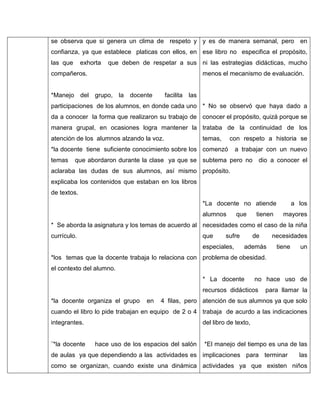 se observa que si genera un clima de respeto y y es de manera semanal, pero en
confianza, ya que establece platicas con ellos, en ese libro no especifica el propósito,
las que

exhorta

que deben de respetar a sus ni las estrategias didácticas, mucho

compañeros.

menos el mecanismo de evaluación.

*Manejo del grupo, la docente

facilita las

participaciones de los alumnos, en donde cada uno * No se observó que haya dado a
da a conocer la forma que realizaron su trabajo de conocer el propósito, quizá porque se
manera grupal, en ocasiones logra mantener la trataba de la continuidad de los
atención de los alumnos alzando la voz.

temas,

con respeto a historia se

*la docente tiene suficiente conocimiento sobre los comenzó
temas

a trabajar con un nuevo

que abordaron durante la clase ya que se subtema pero no

dio a conocer el

aclaraba las dudas de sus alumnos, así mismo propósito.
explicaba los contenidos que estaban en los libros
de textos.
*La docente no atiende
alumnos

que

tienen

a los
mayores

* Se aborda la asignatura y los temas de acuerdo al necesidades como el caso de la niña
currículo.

que

sufre

especiales,

de

necesidades

además

tiene

un

*los temas que la docente trabaja lo relaciona con problema de obesidad.
el contexto del alumno.
* La docente

no hace uso de

recursos didácticos
*la docente organiza el grupo

en

para llamar la

4 filas, pero atención de sus alumnos ya que solo

cuando el libro lo pide trabajan en equipo de 2 o 4 trabaja de acurdo a las indicaciones
integrantes.

¨*la docente

del libro de texto,

hace uso de los espacios del salón

*El manejo del tiempo es una de las

de aulas ya que dependiendo a las actividades es implicaciones para terminar

las

como se organizan, cuando existe una dinámica actividades ya que existen niños

 