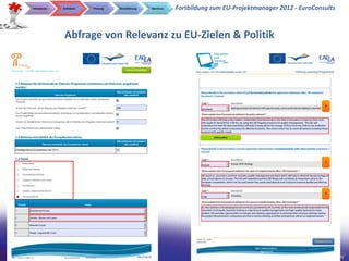 Initialphase   Definition   Planung   Durchführung   Abschluss   Fortbildung zum EU-Projektmanager 2012 - EuroConsults



               Abfrage von Relevanz zu EU-Zielen & Politik




                                                                                                    EuroConsults                23
                                                                                                EuroConsults – www.euroconsults.eu
 