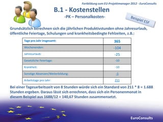 Fortbildung zum EU-Projektmanager 2012 - EuroConsults

                                 B.1 - Kostenstellen
                                     -PK – Personalkosten-

Grundsätzlich berechnen sich die jährlichen Produktivstunden ohne Jahresurlaub,
öffentliche Feiertage, Schulungen und krankheitsbedingte Fehlzeiten, z.B.:
        Tage pro Jahr insgesamt:                                    365
        Wochenenden:                                                -104
        Jahresurlaub:                                                -25
        Gesetzliche Feiertage:                                       -10

        Krankheit:                                                   -10

        Sonstige Absenzen/Weiterbildung:                              -5

        Arbeitstage pro Jahr:                                        211

Bei einer Tagesarbeitszeit von 8 Stunden würde sich ein Standard von 211 * 8 = 1.688
Stunden ergeben. Daraus lässt sich errechnen, dass sich ein Personenmonat in
diesem Beispiel aus 1688/12 = 140,67 Stunden zusammensetzt.




                                                                                EuroConsults
 