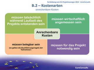 Fortbildung zum EU-Projektmanager 2012 - EuroConsults

                         B.2 – Kostenarten
                             -anrechenbare Kosten-


  müssen tatsächlich
                                              müssen wirtschaftlich
 während Laufzeit des
                                               angemessen sein
Projekts entstanden sein

                              Anrechenbare
                                 Kosten

    müssen belegbar sein                     müssen für das Projekt
 (es gelten die Buchführungsregeln der
               Teilnehmer)                      notwendig sein




                                                                           EuroConsults
 