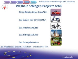 Initialphase   Definition     Planung   Durchführung   Abschluss   Fortbildung zum EU-Projektmanager 2012 - EuroConsults


                                 Weshalb schlagen Projekte fehl?
                                   Die Endbegünstigten brauchten -


                                   Das Budget war berechnet für -


                                   Der Zeitplan erlaubte -


                                   Der Antrag beschrieb -


                                   Das Endergebnis war -

Ein Projekt muss konkret – realistisch – und steuerbar sein.




                                                                                                          EuroConsults
 