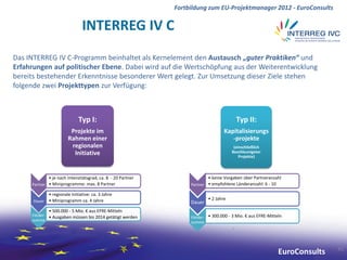Fortbildung zum EU-Projektmanager 2012 - EuroConsults


                               INTERREG IV C
Das INTERREG IV C-Programm beinhaltet als Kernelement den Austausch „guter Praktiken“ und
Erfahrungen auf politischer Ebene. Dabei wird auf die Wertschöpfung aus der Weiterentwicklung
bereits bestehender Erkenntnisse besonderer Wert gelegt. Zur Umsetzung dieser Ziele stehen
folgende zwei Projekttypen zur Verfügung:



                             Typ I:                                                      Typ II:
                         Projekte im                                               Kapitalisierungs
                        Rahmen einer                                                  -projekte
                         regionalen                                                     (einschließlich
                          Initiative                                                   Beschleunigeter
                                                                                           Projekte)



              • je nach Intensitätsgrad, ca. 8 - 20 Partner                • keine Vorgaben über Partneranzahl
     Partner • Miniprogramme: max. 8 Partner                       Partner • empfohlene Länderanzahl: 6 - 10

            • regionale Initiative: ca. 3 Jahre
      Dauer • Miniprogramm ca. 4 Jahre
                                                                           • 2 Jahre
                                                                   Dauer
              • 500.000 - 5 Mio. € aus EFRE-Mitteln
     Förder- • Ausgaben müssen bis 2014 getätigt werden            Förder- • 300.000 - 3 Mio. € aus EFRE-Mitteln
     summe                                                         summe




                                                                                                                              42
                                                                                                               EuroConsults
 