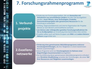 7. Forschungsrahmenprogramm

               • Förderung von Forschungsprojekten, die von Konsortien mit
                 Teilnehmern aus verschiedenen Ländern mit dem Ziel durchgeführt
                 werden, neues Wissen, neue Technologien, Produkte,
                 Demonstrationsprojekte oder gemeinsame Ressourcen für die
1. Verbund-      Forschung zu entwickeln.
               • Umfang, Gegenstandsbereich und interne Organisation der Projekte
                 können je nach Bereich und Einzelthema variieren.
 projekte      • von kleinen oder mittelgroßen gezielten Forschungsmaßnahmen bis
                 hin zu Großprojekten zur Erreichung eines bestimmten Ziels reichen.
               • Projekte sollten auch auf kleine Gruppen wie KMU und andere kleinere
                 Akteure ausgerichtet sein.



               • Förderung eines gemeinsamen Aktivitätenprogramms mehrerer
                 Forschungseinrichtungen, die ihre Tätigkeiten in einem bestimmten
                 Bereich zusammenlegen
2.Exzellenz-   • dieses Programm wird von Forschungsteams im Rahmen einer
                 längerfristigen Zusammenarbeit durchgeführt
 netzwerke     • Die Durchführung dieses gemeinsamen Aktivitätenprogramms erfordert
                 eine förmliche Verpflichtung vonseiten der Einrichtungen, die einen Teil
                 ihrer Ressourcen und Tätigkeiten zusammenlegen.


                                                                      EuroConsults
 
