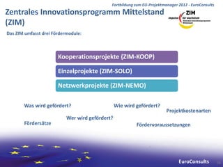Fortbildung zum EU-Projektmanager 2012 - EuroConsults
Zentrales Innovationsprogramm Mittelstand
(ZIM)
Das ZIM umfasst drei Fördermodule:



                       Kooperationsprojekte (ZIM-KOOP)

                       Einzelprojekte (ZIM-SOLO)

                       Netzwerkprojekte (ZIM-NEMO)

       Was wird gefördert?                       Wie wird gefördert?
                                                                         Projektkostenarten
                           Wer wird gefördert?
       Fördersätze                                        Fördervoraussetzungen




                                                                               EuroConsults          56
 
