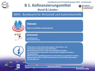 Fortbildung zum EU-Projektmanager 2012 - EuroConsults

        B 1. Kofinanzierungsmittel
                -Bund & Länder-
BAFA - Bundesamt für Wirtschaft und Ausfuhrkontrolle

          Zielgruppe

          Kleine und Mittlere Unternehmen


         Schwerpunkte
         Umweltförderung
         Wirtschaftsförderung




          Förderung von Unternehmensberatungen, Informations- und
          Schulungsveranstaltungen sowie Workshops;
          Marktanreizprogramm zur Förderung erneuerbarer Energien;
          Vor-Ort-Beratung zur sparsamen und rationellen Energieverwendung in
          Wohngebäuden;
          BMWi-Vermarktungshilfeprogramm für Unternehmen aus den Neuen Ländern;
          Messeprogramm für innovative Unternehmen sowie Durchführung weiterer
          Förderprogramme



                                     http://www.bafa.de
                                                                           EuroConsults
 