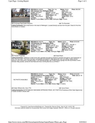 3 per Page - Listing Report                                                                                                    Page 1 of 1



                                      IRES MLS #: 649605          Type: Res / Inc      Status: Active     Price: $99,000
                                      3901 Harrison Ave, Wellington 80549                A/SA: 9/25
                                      Locale: Wellington       County: Larimer           Sub: Millers Add
                                      Bedrooms: 2              Baths: 1 (F 0 T 1 H 0)    Garage: 1 Carport
                                      Total SqFt: 1100         FinExclBsmt: 580          FinIncBsmt: 840
                                      Style: 1 Story/Ranch     Built: 1925               Taxes: $826 / 2010
                                      Lot Size:                App Acres:                PIN:
                                      District: Poudre Elem: Eyestone Mid: Wellington High: Poudre


    LO: Exchange Real Estate Solutions                                                     LA: Tim Romshek
    Listing Comments: Nice small home in the heart of Wellington. Located directly accross from the park. Great for first time
    home owner or investor.




                                      IRES MLS #: 642318            Type: Res       Status: Active      Price: $125,000
                                      3709 Mckinley Ave, Wellington 80549                 A/SA: 9/25
                                      Locale: Wellington       County: Larimer            Sub: //60011- Wel Blk 11
                                      Bedrooms: 3              Baths: 3 (F 2 T 1 H 0)     Garage: 6 Attached
                                      Total SqFt: 1886         FinExclBsmt: 1886          FinIncBsmt: 1886
                                      Style: 1 Story/Ranch     Built: 1969                Taxes: $1,358 / 2009
                                      Lot Size: 11909          App Acres:                 PIN: 89334-12-004
                                      District: Poudre Elem: Other Mid: Wellington High: Other


    LO: Premier Properties                                                       LA: David Rand
    Listing Comments: 3 Bedroom 3 bath home with upgrades throughout! Anderson windows throughout, new hardscape on
    drive, and rear patio. This home has been comepletely remodeled in 1985 along with new vynil siding. Galley kitchen,
    patio/sun room along with 2 storage sheds. 2 car attached garage, with HUGE custom garage that will accomidate 4 extra
    vehicles! Alley access, central Air and Heat and more. At this price this is a STEAL!!!




                                      IRES MLS #: 620423              Type: Res      Status: Active      Price: $130,000
                                      4020 Bracadale Pl, Fort Collins 80524             A/SA: 9/11           HOA: $88.00 / M
                                      Locale: Fort Collins    County: Larimer           Sub: Waterglen
                                      Bedrooms: 3             Baths: 2 (F 2 T 0 H 0)    Garage: 2 Attached
       NO PHOTO AVAILABLE             Total SqFt: 1094        FinExclBsmt: 1094         FinIncBsmt: 1094
                                      Style: 1 Story/Ranch    Built: 2003               Taxes: $1,180 / 2009
                                      Lot Size:               App Acres:                PIN:
                                      District: Poudre Elem: Lincoln Mid: Webber High: Ft Collins


    LO: Keller Williams-No. Colo, FTC                                                      LA: Cyrus Green
    Listing Comments: BUYER BAILED! NEW BANK APPROVED PRICE, ACT FAST!!Pre-Foreclosure Short Sale Opportunity
    in Great Condition! Shows well!




                    Prepared For: www.ShannanRealEstate.com - Prepared By: Shannan Zitney - Mar 25, 2011 4:25:51 PM
         Information deemed reliable but not guaranteed. MLS content and images Copyright 1995-2011, IRES LLC. All rights reserved.




http://www.iresis.com/MLS/awa/reports/listing?reportName=Three_per_Page                                                         3/25/2011
 