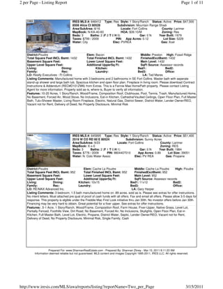2 per Page - Listing Report                                                                                                   Page 1 of 11



                                       IRES MLS #: 646412 Type: Res Style: 1 Story/Ranch Status: Active Price: $47,500
                                       8508 Alice Ct 80528             Subdivision: Mountain Range Shadow
                                       Area/SubArea: 8/16                 Locale: Fort Collins      County: Larimer
                                       MapBook: N-KA-40-83                HOA: $39.10/M             Zoning: Res
                                       Beds: 3     Baths: 2 (F 2 T 0 H 0)               Gar: 0 N   Year Built: 1979
                                       Taxes: $799 / 2009             PIN: App Acres: 0.12           Lot Size: 5229
                                       Water: City                  Elec: PVREA                     Gas: Xcel



    District:Poudre                              Elem: Bacon                                 Middle: Preston High: Fossil Ridge
    Total Square Feet INCL Bsmt: 1432            Total Finished INCL Bsmt: 1432              FinishedExclBsmt: 1432
    Basement Square Feet:                        Lower Level Square Feet:                    Main Level: 1432
    Upper Level Square Feet:                     Additional UpperSq Ft:                      SqFt Source: Assessor records
    Living:                   Dining:                   Kitchen:                          Bed1:               Bed2:
    Family:                   Rec:                      Laundry:                          Bed3:               Office:
    LO: Realty Executives - Ft Collins                                                        LA: Ted Mares
    Listing Comments: Manufactured home with 3 bedrooms and 2 bathrooms in SE Fort Collins. Master bath with seperate
    stand-up shower and large bath tub. Spacious kitchen and open floor plan. Fireplace in living room. Please download Contract
    Instructions & Addendum (REO#D101ZW6) from Extras. This is a Fannie Mae HomePath property. Please contact Listing
    Agent for more information. Property sold as-is, where-is, Buyer to verify all information.
    Features: 10-20 Acres, 1 Story/Ranch, Wood/Frame, Composition Roof, Clubhouse, Pool, Tennis, Trash, Manufactured Home,
    No Basement, Forced Air, Wood Stove, No Inclusions, Eat-in Kitchen, Cathedral/Vaulted Ceilings, Open Floor Plan, Full Master
    Bath, Tub+Shower Master, Living Room Fireplace, Electric, Natural Gas, District Sewer, District Water, Lender Owner/REO,
    Vacant not for Rent, Delivery of Deed, No Property Disclosure, Minimal Risk




                                       IRES MLS #: 645895 Type: Res Style: 1 Story/Ranch Status: Active Price: $51,400
                                       2519 W CO RD 60 E 80524              Subdivision: Sunny Acres
                                       Area/SubArea: 9/23              Locale: Fort Collins          County: Larimer
                                       MapBook: X-x-0                                                Zoning: RES
                                       Beds: 3     Baths: 2 (F 1 T 0 H 1)               Gar: 0 N    Year Built: 1984
                                       Taxes: $776 / 2009      PIN: 9804407010        App Acres: 0.89     Lot Size: 39051
                                       Water: N. Colo Water Assoc                   Elec: PV REA        Gas: Propane



    District:Poudre                             Elem: Cache La Poudre                    Middle: Cache La Poudre         High: Poudre
    Total Square Feet INCL Bsmt: 952            Total Finished INCL Bsmt: 952            FinishedExclBsmt: 952
    Basement Square Feet:                       Lower Level Square Feet:                 Main Level: 952
    Upper Level Square Feet:                    Additional UpperSq Ft:                   SqFt Source: Assessor records
    Living:             Dining:             Kitchen: 10x15                            Bed1: 11x12                      Bed2:
    Family:             Rec:                Laundry:                                  Bed3:                            Office:
    LO: RE/MAX Advanced Inc.                                                           LA: Gary Harper
    Listing Comments: 3 bedroom, 1.5 bath manufactured home on .89 acres. sold as is. Please see extras for offer instructions.
    No intent letters. Must attached pre qual of proof of cash funds with all offers. Fax and email all offers. Please allow 3-5 days for
    response. This property is elgible under the Freddie Mac First Look initiative thru Jan 30th. No investor offers before Jan 30th.
    Financing may be very hard to obtain. Great potential for a fixer upper. See extras for offer instructions.
    Features: .5-1 Acre, 1 Story/Ranch, Wood/Frame, Composition Roof, Farm House, Fixer-Upper, Native Grass, Level Lot,
    Partially Fenced, Foothills View, Dirt Road, No Basement, Forced Air, No Inclusions, Skylights, Open Floor Plan, Eat-in
    Kitchen, Full Master Bath, Level Lot, Electric, Propane, District Water, Septic, Lender Owner/REO, Vacant not for Rent,
    Delivery of Deed, No Property Disclosure, Minimal Risk, Single Family, Cash




                     Prepared For: www.ShannanRealEstate.com - Prepared By: Shannan Zitney - Mar 15, 2011 8:11:23 AM
          Information deemed reliable but not guaranteed. MLS content and images Copyright 1995-2011, IRES LLC. All rights reserved.




http://www.iresis.com/MLS/awa/reports/listing?reportName=Two_per_Page                                                            3/15/2011
 