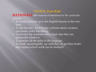 GOALS_Face Kini 
RATIONALE: (the reasons or intentions for the particular 
actions) 
• To warm students up to the English lessons in the new 
term 
• To use the pre – knowledge ( schema about vacation, 
sun issues, risks, travelling) 
• To involve the students with a topic that they are 
personally related to 
• To practise all the skills in the language 
• To work meaningfully up until they all get their books 
and regular school work can be started 
1 
 