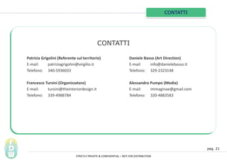 CONTATTI
pag. 21
CONTATTI
Patrizia Grigolini (Referente sul territorio)
E-mail: patriziagrigolini@virgilio.it
Telefono: 340-5936033
Francesco Tursini (Organizzatore)
E-mail: tursini@theinteriordesign.it
Telefono: 339-4988784
STRICTLY PRIVATE & CONFIDENTIAL C NOT FOR DISTRIBUTION
Daniele Basso (Art Direction)
E-mail: info@danielebasso.it
Telefono: 329-2323148
Alessandro Pumpo (Media)
E-mail: immaginae@gmail.com
Telefono: 320-4883583
 