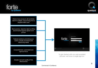 Clients have access to all candidate
data for multiple / future hiring from a
         targeted talent pool



Best practice, objective talent profiling
 benchmarked against global norm
                groups



  Tailored solutions promoting your
   culture, people processes and
          resourcing needs




   Comprehensive, automated and
          rigorous focus

                                                                       To get started with our web enabled
                                                                        process, we have a single sign-on.

   Greater cost and quality of hire
            effectiveness
                                                                                                             9
                                            Commercial In Confidence
 