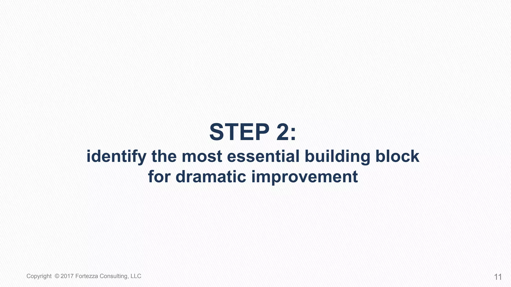 STEP 2:
IDENTIFY THE MOST ESSENTIAL BUILDING BLOCK
FOR DRAMATIC IMPROVEMENT
11Copyright © 2017 Fortezza Consulting, LLC
 