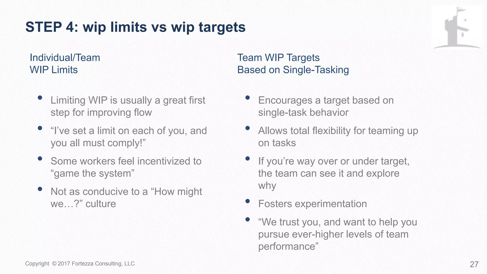 Individual/Team
WIP Limits
• Limiting WIP is usually a great first
step for improving flow
• “I’ve set a limit on each of you, and
you all must comply!”
• Some workers feel incentivized to
“game the system”
• Not as conducive to a “How might
we…?” culture
Team WIP Targets
Based on Single-Tasking
• Encourages a target based on
single-task behavior
• Allows total flexibility for teaming up
on tasks
• If you’re way over or under target,
the team can see it and explore
why
• Fosters experimentation
• “We trust you, and want to help you
pursue ever-higher levels of team
performance”
STEP 4: WIP limits vs WIP targets
27Copyright © 2017 Fortezza Consulting, LLC
 