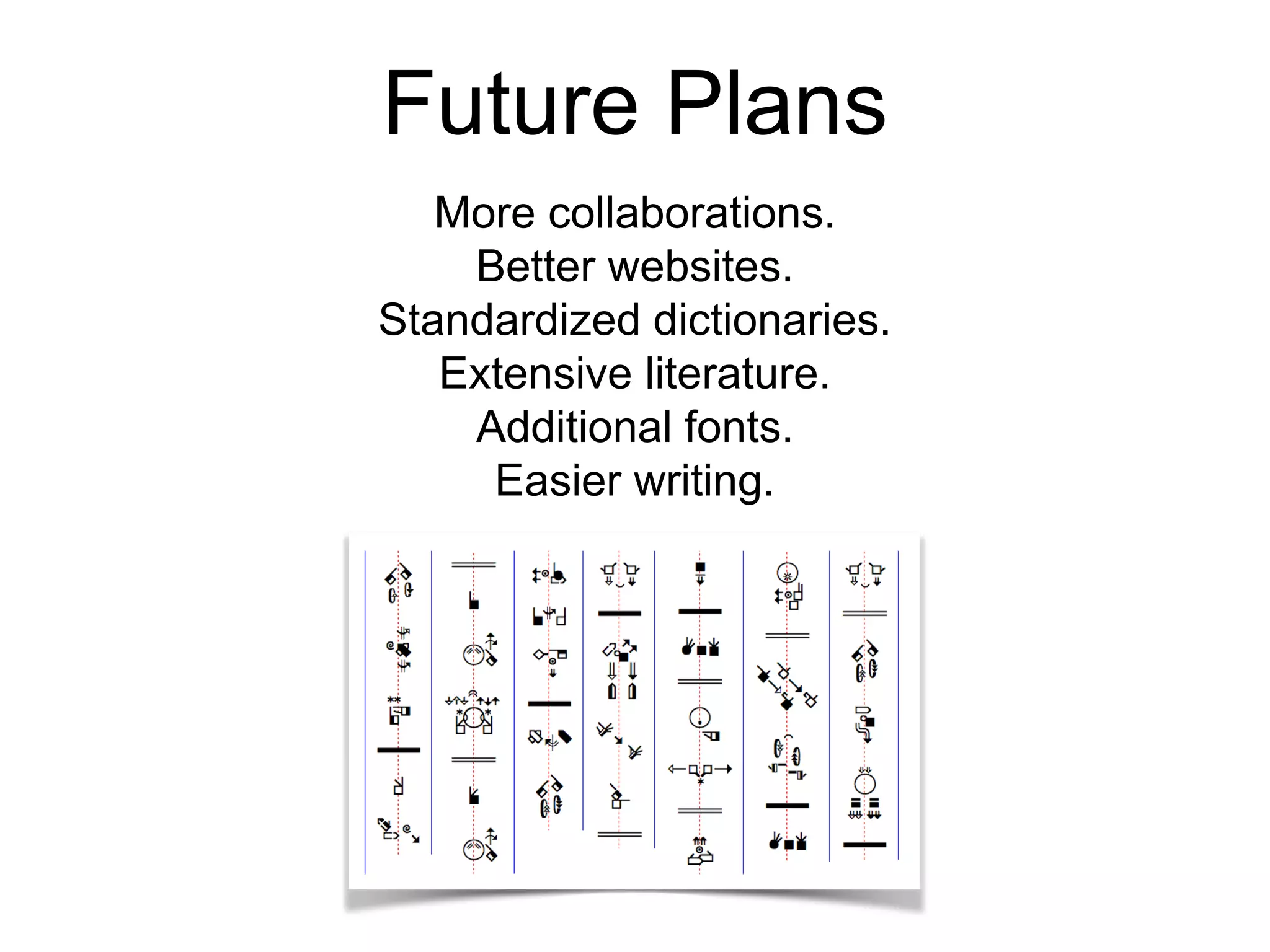 Future Plans
More collaborations.
Better websites.
Standardized dictionaries.
Extensive literature.
Additional fonts.
Easier writing.
 