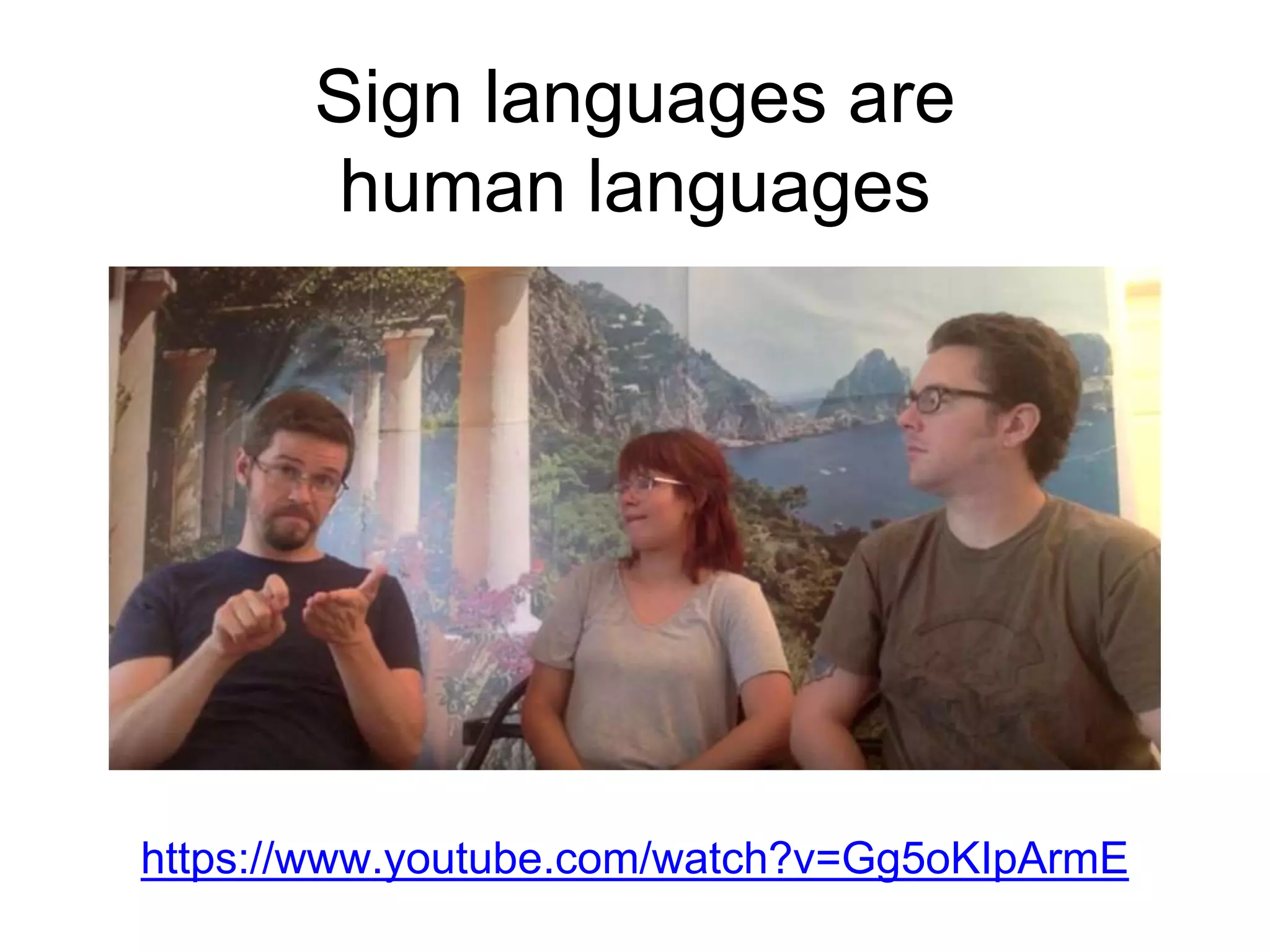 Sign languages are
human languages
https://www.youtube.com/watch?v=Gg5oKIpArmE
 