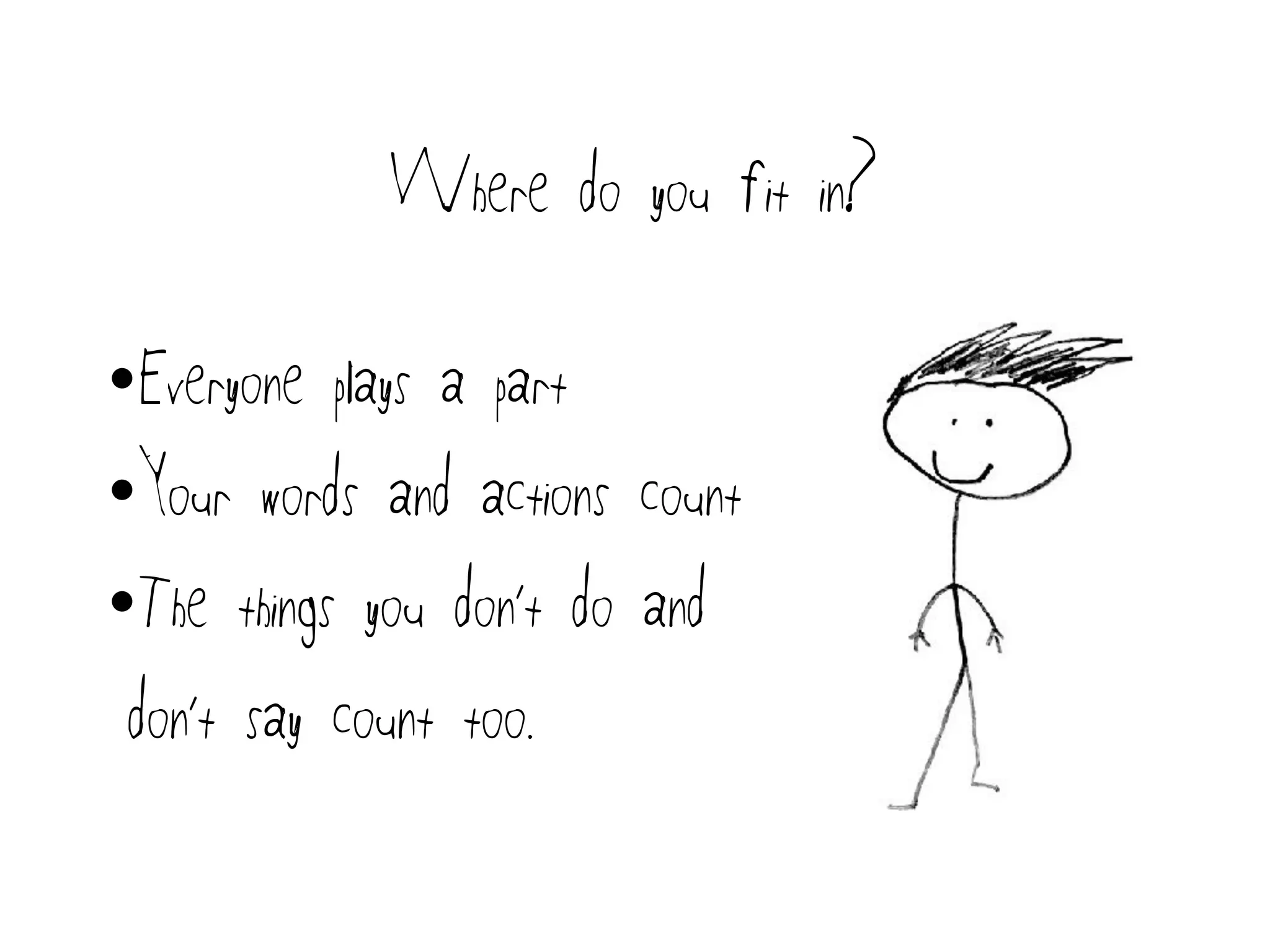 Where do you fit in?
•Everyone plays a part
•Your words and actions count
•The things you don’t do and
don’t say count too.
 