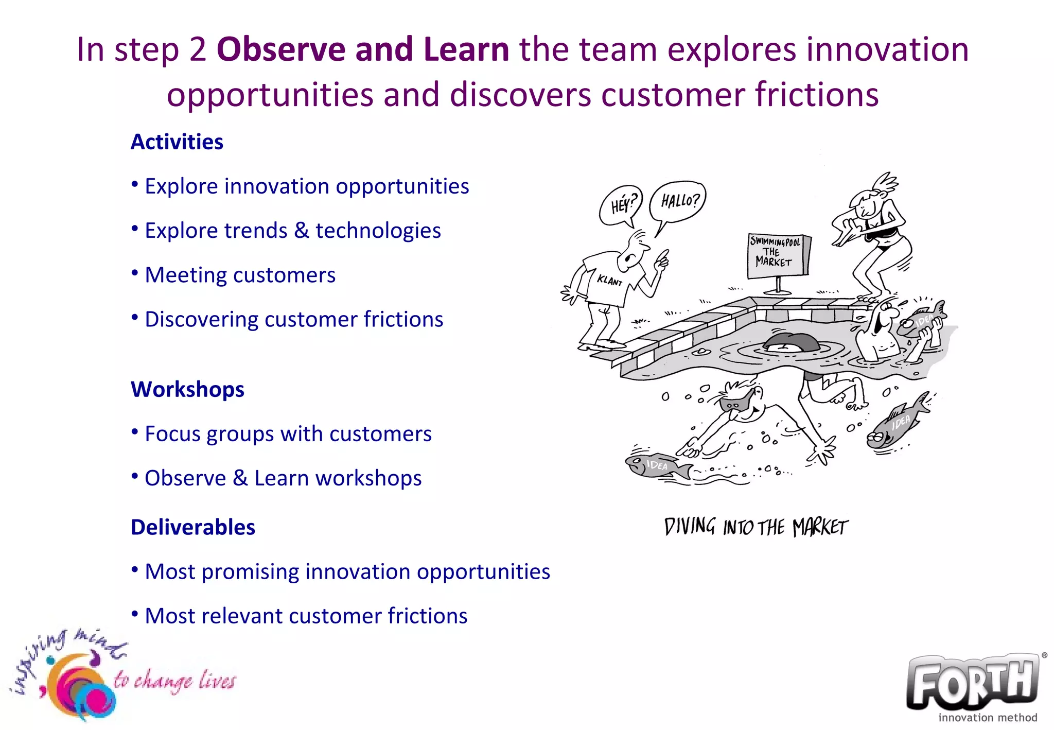 In step 2  Observe and Learn  the team explores innovation opportunities and discovers customer frictions Activities Explore innovation opportunities Explore trends & technologies Meeting customers Discovering customer frictions Workshops Focus groups with customers Observe & Learn workshops Deliverables Most promising innovation opportunities Most relevant customer frictions 