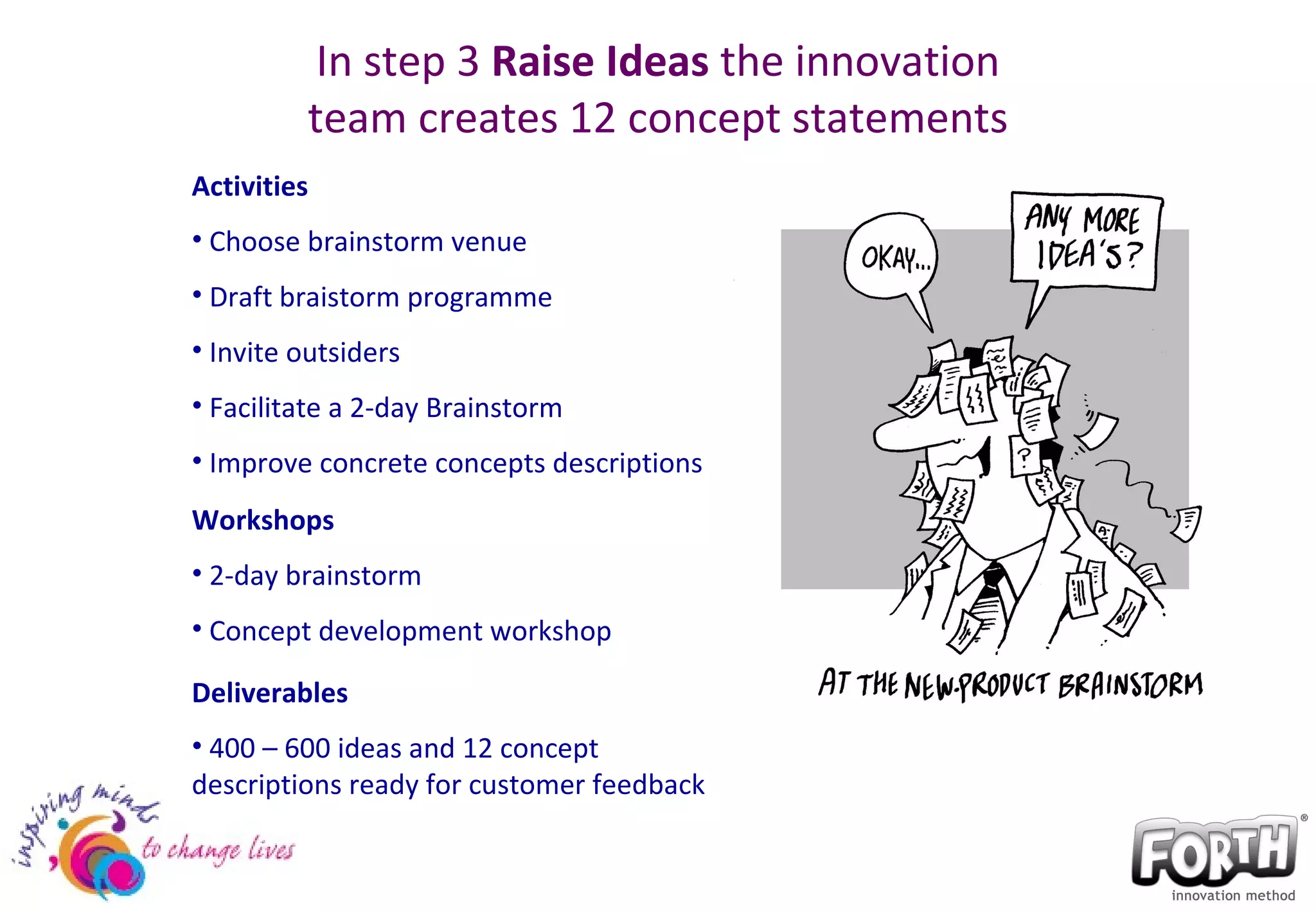 In step 3  Raise Ideas  the innovation team creates 12 concept statements Activities Choose brainstorm venue Draft braistorm programme Invite outsiders Facilitate a 2-day Brainstorm Improve concrete concepts descriptions Workshops 2-day brainstorm Concept development workshop Deliverables 400 – 600 ideas and 12 concept descriptions ready for customer feedback 