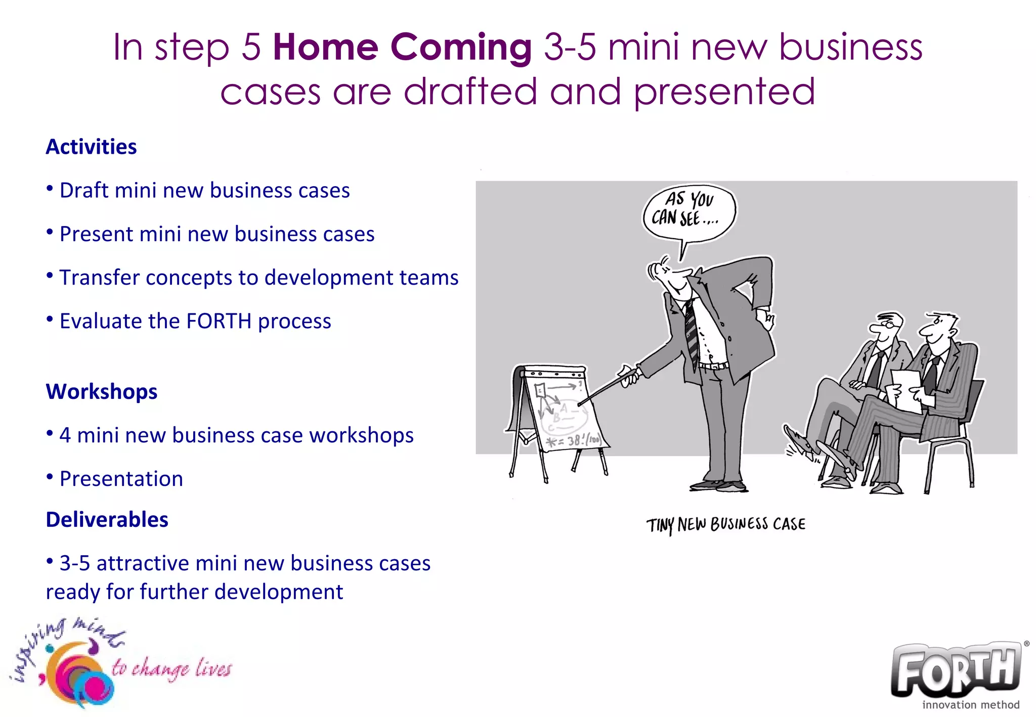 In step 5  Home Coming  3-5 mini new business cases are drafted and presented Activities Draft mini new business cases Present mini new business cases Transfer concepts to development teams Evaluate the FORTH process Workshops 4 mini new business case workshops Presentation  Deliverables 3-5 attractive mini new business cases ready for further development 