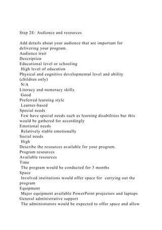 Step 2E: Audience and resources
Add details about your audience that are important for
delivering your program.
Audience trait
Description
Educational level or schooling
High level of education
Physical and cognitive developmental level and ability
(children only)
N/A
Literacy and numeracy skills
Good
Preferred learning style
Learner-based
Special needs
Few have special needs such as learning disabilities but this
would be gathered for accordingly
Emotional needs
Relatively stable emotionally
Social needs
High
Describe the resources available for your program.
Program resources
Available resources
Time
The program would be conducted for 3 months
Space
Involved institutions would offer space for carrying out the
program
Equipment
Major equipment available PowerPoint projectors and laptops
General administrative support
The administrators would be expected to offer space and allow
 