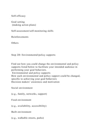 Self-efficacy
Goal setting
(making action plans)
Self-assessment/self-monitoring skills
Reinforcements
Others
Step 2D: Environmental/policy supports
Find out how you could change the environmental and policy
supports listed below to facilitate your intended audience in
performing your goal behaviors.
Environmental and policy supports
How each environmental and policy support could be changed,
specific to achieving your goal behaviors
Decision makers’ awareness and motivation
Social environment
(e.g., family, networks, support)
Food environment
(e.g., availability, accessibility)
Built environment
(e.g., walkable streets, parks)
 