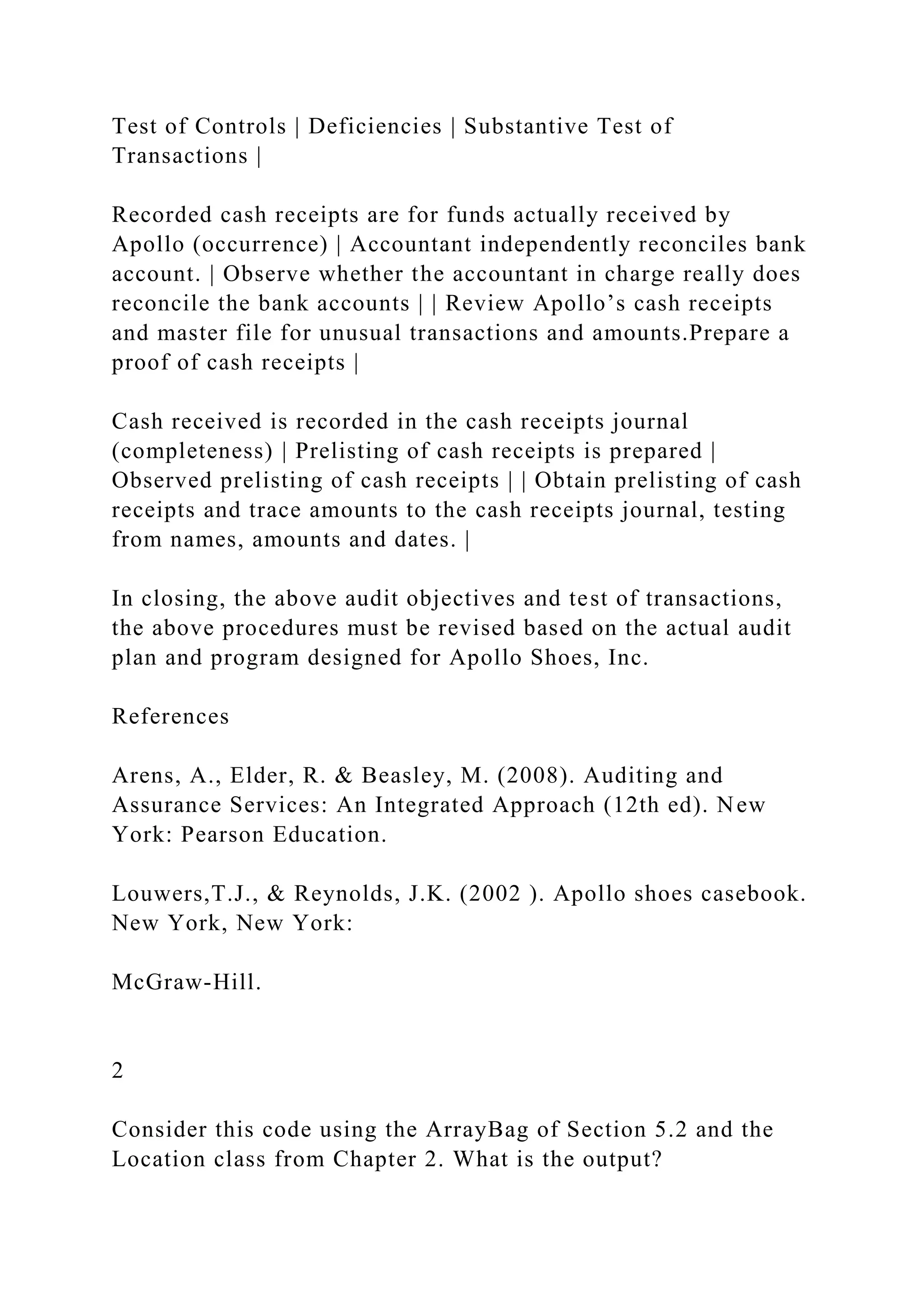Test of Controls | Deficiencies | Substantive Test of
Transactions |
Recorded cash receipts are for funds actually received by
Apollo (occurrence) | Accountant independently reconciles bank
account. | Observe whether the accountant in charge really does
reconcile the bank accounts | | Review Apollo’s cash receipts
and master file for unusual transactions and amounts.Prepare a
proof of cash receipts |
Cash received is recorded in the cash receipts journal
(completeness) | Prelisting of cash receipts is prepared |
Observed prelisting of cash receipts | | Obtain prelisting of cash
receipts and trace amounts to the cash receipts journal, testing
from names, amounts and dates. |
In closing, the above audit objectives and test of transactions,
the above procedures must be revised based on the actual audit
plan and program designed for Apollo Shoes, Inc.
References
Arens, A., Elder, R. & Beasley, M. (2008). Auditing and
Assurance Services: An Integrated Approach (12th ed). New
York: Pearson Education.
Louwers,T.J., & Reynolds, J.K. (2002 ). Apollo shoes casebook.
New York, New York:
McGraw-Hill.
2
Consider this code using the ArrayBag of Section 5.2 and the
Location class from Chapter 2. What is the output?
 