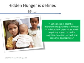 1. SIGHT AND LIFE Expert Panel, Bangkok 2009.
Hidden Hunger is defined
as ...
“ Deficiencies in essential
micronutrients (vitamins & minerals)
in individuals or populations which
negatively impact on health,
cognition, function, survival, and
economic development.”
 
