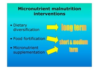 Micronutrient malnutrition
interventions
•  Dietary
diversification
•  Food fortification
•  Micronutrient
supplementation
 