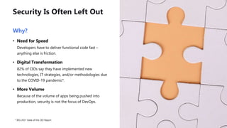 Security Is Often Left Out
Why?
• Need for Speed
Developers have to deliver functional code fast –
anything else is friction.
• Digital Transformation
82% of CIOs say they have implemented new
technologies, IT strategies, and/or methodologies due
to the COVID-19 pandemic*.
• More Volume
Because of the volume of apps being pushed into
production, security is not the focus of DevOps.
* IDG 2021 State of the CIO Report
 