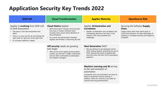 Application Security Key Trends 2022
Shift left Cloud Transformation AppSec Maturity OpenSource Risk
Securing the Software Supply
Chain
Supply chains have many blind spots or
cracks that attackers can take advantage of,
resulting in increased severity and frequency
of attacks.
AppSec Orchestration and
Correlation
• AppSec orchestration and correlation has
increasingly become a hot topic in the
industry, with many benefits and
challenges
Next Generation DAST
• We are starting to see developer-driven
DAST testing expand, extending the use of
DAST beyond the hands of AppSec/QA
and fully within the Dev CI/CD automation
pipelines
Machine Learning and AI are key
to the next evolution of
automation
Companies who use automation are twice as
likely to implement security testing, in
addition, there are numerous use cases for
machine learning advancements
Cloud-Native AppSec
• With the broad IT industry trend towards
the cloud, a modern software stack
includes many cloud-native elements of
the architecture.
• As a result, the demarcation between
AppSec and InfraSec is becoming blurred
API security needs are growing
ever larger
• APIs are the most rapidly growing attack
surface, but still aren´t widely understood
and are often overlooked by developers
and AppSec managers
AppSec Is evolving from Shift-Left
to Shift Everywhere
• Test early is now test everywhere and
often!
• There is no one-size fits all, but finding the
right tools for right job, at the right time.
• It´s all about defense in depth.
 