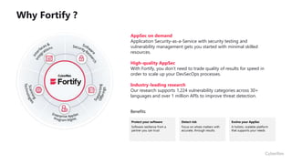 Why Fortify ?
AppSec on demand
Application Security-as-a-Service with security testing and
vulnerability management gets you started with minimal skilled
resources.
High-quality AppSec
With Fortify, you don’t need to trade quality of results for speed in
order to scale up your DevSecOps processes.
Industry-leading research
Our research supports 1,224 vulnerability categories across 30+
languages and over 1 million APIs to improve threat detection.
Protect your software
Software resilience from a
partner you can trust
Detect risk
Focus on whats matters with
accurate, through results.
Evolve your AppSec
A holistic, scalable platform
that supports your needs
Benefits
 