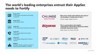 The world’s leading enterprises entrust their AppSec
needs to Fortify
9 out of 10
of the largest information technology
companies
5 out of 5
of the largest telecommunication
companies
9 out of 10
of the largest banks
4 out of 5
of the largest pharmaceutical companies
3 out of 3
of the largest independent software
vendors
Federal
Strongest AppSec solution provider in
Federal space (FedRAMP Certified)
"Micro Focus Fortify really addresses the needs of
the developers. It makes sense to them.“
- Damien Suggs, AppSec Director
“This is a partnership to drive AppSec
modernization with Fortify on Demand to deliver
actionable, data driven results.”
- Rajan Gupta, VP, Product Security
 