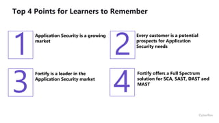 Top 4 Points for Learners to Remember
1 2
3
Application Security is a growing
market
Every customer is a potential
prospects for Application
Security needs
Fortify is a leader in the
Application Security market
4
Fortify offers a Full Spectrum
solution for SCA, SAST, DAST and
MAST
 
