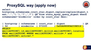 40
ProxySQL way (apply now)
select
hostgroup,schemaname,count_star,digest,replace(replace(digest_t
ext,'.','.'),'?','.*') QR from stats_mysql_query_digest where
schemaname='windmills' order by count_star desc;
| hostgroup | schemaname | count_star | digest | QR
| 52 | windmills | 573331 | 0x52A98085A233E516 |
SELECT
wmillAUTOINC.id,wmillAUTOINC.millid,wmillAUTOINC.location
FROM wmillAUTOINC WHERE wmillAUTOINC.millid=.* and
wmillAUTOINC.active=.*
 