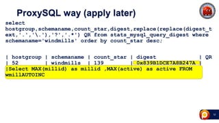 42
ProxySQL way (apply later)
select
hostgroup,schemaname,count_star,digest,replace(replace(digest_t
ext,'.','.'),'?','.*') QR from stats_mysql_query_digest where
schemaname='windmills' order by count_star desc;
| hostgroup | schemaname | count_star | digest | QR
| 52 | windmills | 139 | 0x839B1DCE7A8B247A |
|Select MAX(millid) as millid ,MAX(active) as active FROM
wmillAUTOINC
 