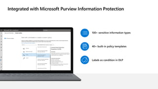 Integrated with Microsoft Purview Information Protection
100+ sensitive information types
40+ built-in policy templates
Labels as condition in DLP
 
