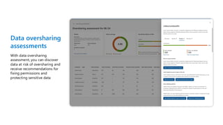 Data oversharing
assessments
With data oversharing
assessment, you can discover
data at risk of oversharing and
receive recommendations for
fixing permissions and
protecting sensitive data
 