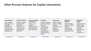Other Purview features for Copilot interactions
Classification
Use sensitive
info types and
trainable
classifiers to
monitor and
classify Copilot
interactions.
Content Search
Retrieve Copilot
prompts and
responses
stored in user
mailboxes via
query-based
searches.
Communication
Compliance
Detect and
analyze
inappropriate or
risky prompts
and responses.
Auditing
Capture unified
audit log details
of user
interactions
with Copilot,
including
accessed files
and sensitivity
labels.
eDiscovery
Collect, review,
hold, or delete
Copilot
interactions for
legal or
compliance
purposes.
Retention
Policies
Automatically
retain or delete
Copilot
interactions
using specific
retention rules.
Retention
Labels
Apply labels to
retain cloud
attachments
and files
referenced in
Copilot
interactions.
 