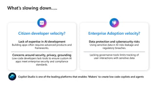 What’s slowing down…..
Citizen developer velocity?
Lack of expertise in AI development
Building apps often requires advanced products and
frameworks.
Concerns around security, privacy, grounding
Low-code developers lack tools to ensure custom AI
apps meet enterprise security and compliance
standards.
Enterprise Adoption velocity?
Data protection and cybersecurity risks
Using sensitive data in AI risks leakage and
regulatory breaches.
Lacking governance tools limits tracking of
user interactions with sensitive data
Copilot Studio is one of the leading platforms that enables ‘Makers’ to create low code copilots and agents
 