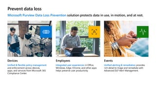 Prevent data loss
Microsoft Purview Data Loss Prevention solution protects data in use, in motion, and at rest.
Devices
Unified & flexible policy management
and enforcement across devices,
apps, and services from Microsoft 365
Compliance Center.
Employees
Integrated user experiences in Office,
Windows, Edge, Chrome, and other apps
helps preserve user productivity.
Events
Unified alerting & remediation provides
rich detail to triage and remediate with
Advanced DLP Alert Management.
 