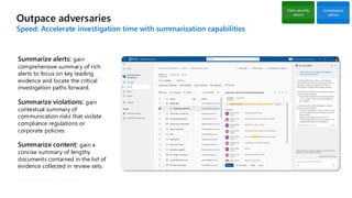 Outpace adversaries
Speed: Accelerate investigation time with summarization capabilities
Data security
admin
Compliance
admin
Summarize alerts: gain
comprehensive summary of rich
alerts to focus on key leading
evidence and locate the critical
investigation paths forward.
Summarize violations: gain
contextual summary of
communication risks that violate
compliance regulations or
corporate policies.
Summarize content: gain a
concise summary of lengthy
documents contained in the list of
evidence collected in review sets.
Classified as Microsoft Confidential
 